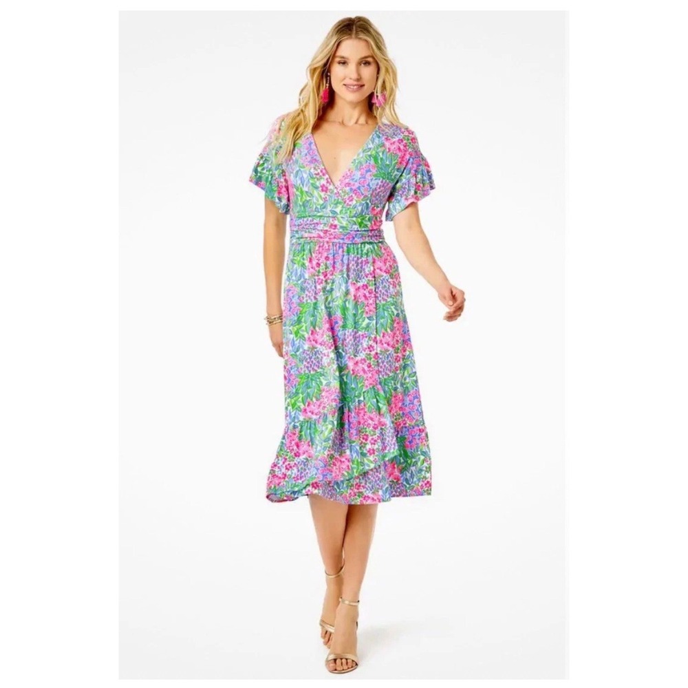 LILLY PULITZER Juliet Ruffle Midi Dress Small Pink Blue NEW Resort Floral Spring